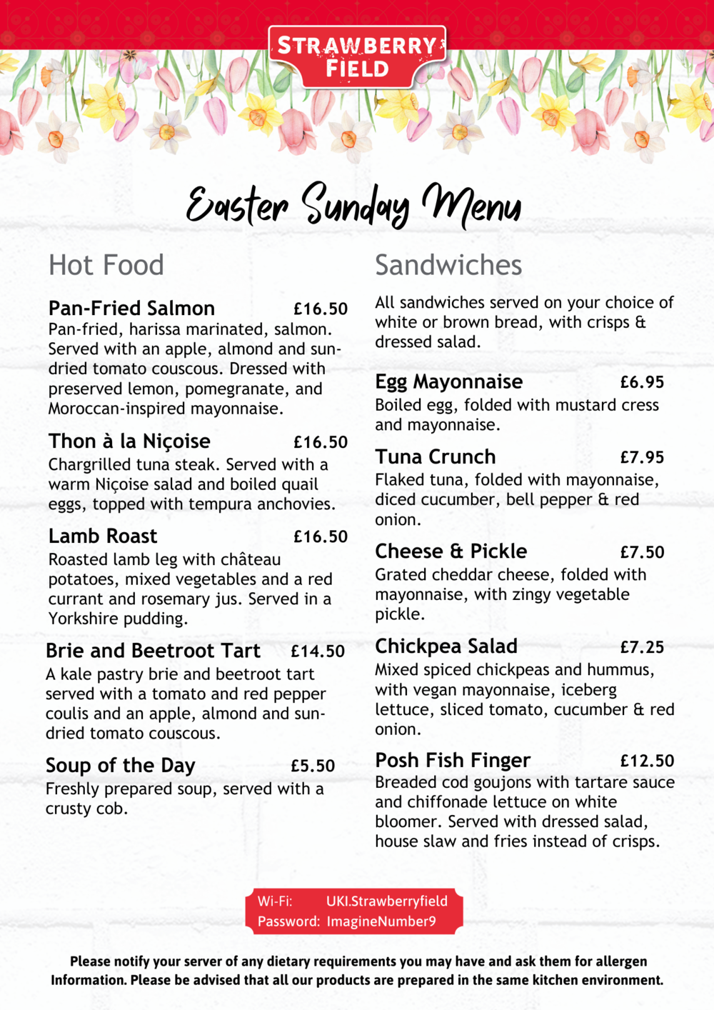 Easter Sunday lunch menu in the Imagine More Cafe at Strawberry Field Liverpool
