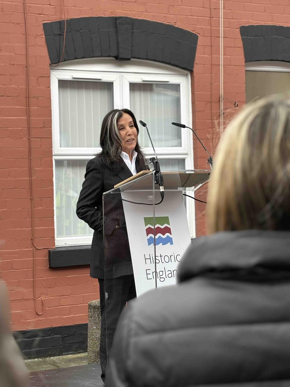 Olivia Harrison at the unveiling of blue plaque for George Harrison at 12 Arnold Grove