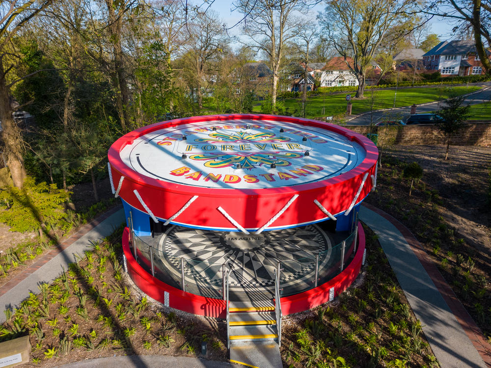 Aerial view of bandstand based on Sgt. Pepper's drum set in gardens of Strawberry Field Liverpoo. Image credit jg_dorones