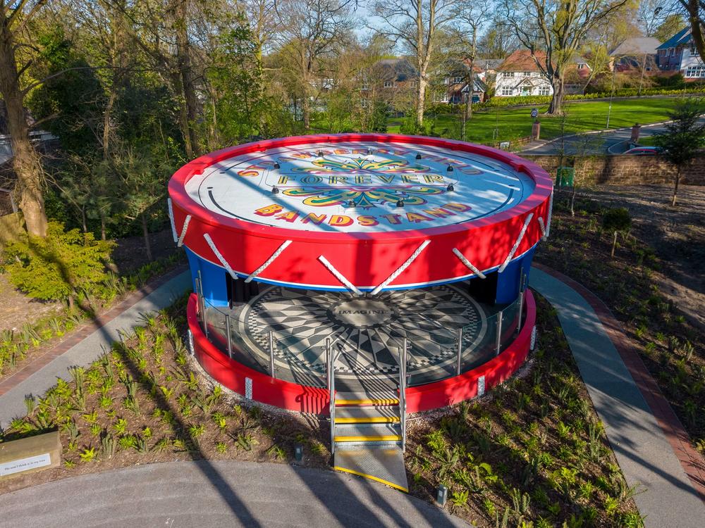 Strawberry Field bandstand with design inspired by Sgt Pepper album artwork